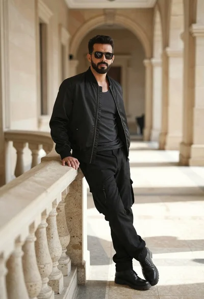 Handsome man in black jacket leaning against stone railing outdoors