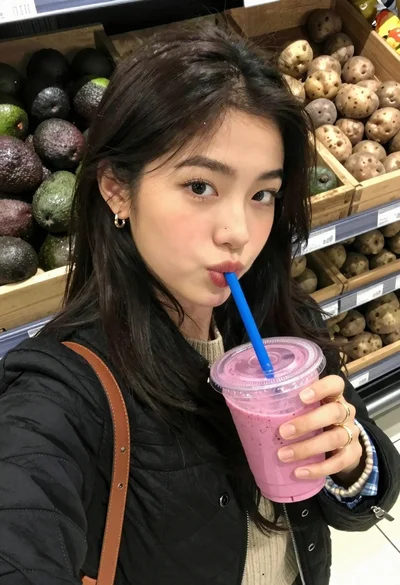 Young woman taking a selfie in grocery aisle with pink smoothie