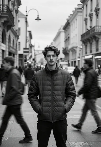 Black and white portrait of young man on busy european street