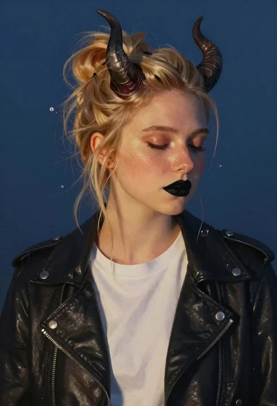 Portrait of woman with horns and black lipstick