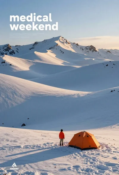 Person near orange tent in snowy mountain landscape