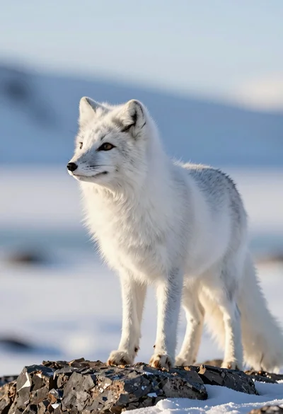 Majestic arctic fox standing alert on dark rocks in snowy landscape