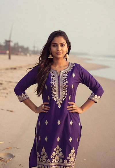 Young woman in purple embroidered dress standing on sandy beach