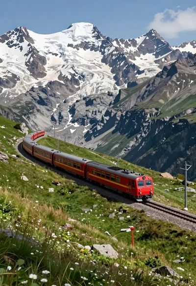 Red passenger train traveling along grassy mountain track with snowcapped peaks