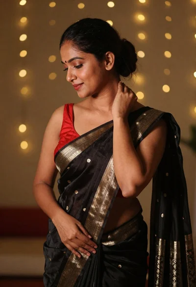 Profile portrait of woman in black silk saree near bokeh lights