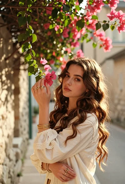 Young woman with brown hair holding pink bougainvillea in stone alleyway
