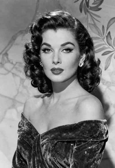 Black and white studio portrait of glamorous woman