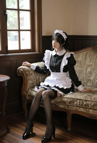 Young east asian woman in maid uniform sitting on vintage chaise lounge