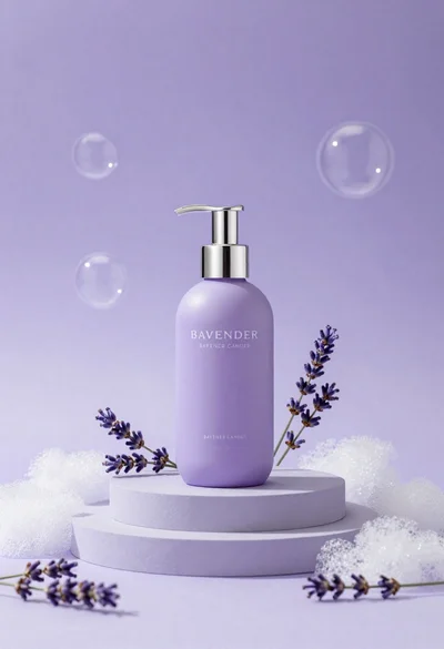 Lavender pump bottle on tiered pedestal surrounded by foam and sprigs