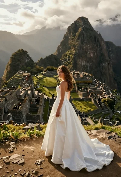 Woman in white gown standing among ancient ruins at mountain peak