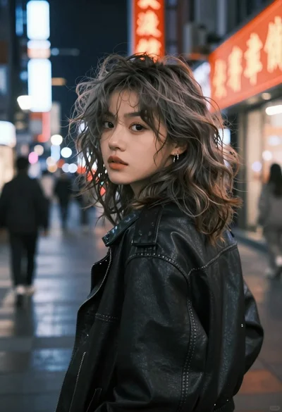 Young woman in neon lit city street at night