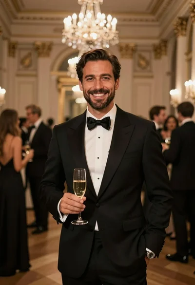 Handsome man in black tuxedo smiling holding champagne in elegant ballroom setting