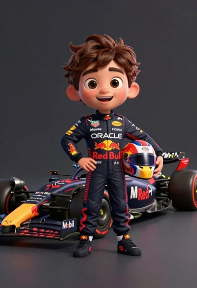 Cheerful cartoon boy in racing suit standing next to formula one car