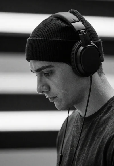 Close up profile portrait of young man wearing headphones in studio