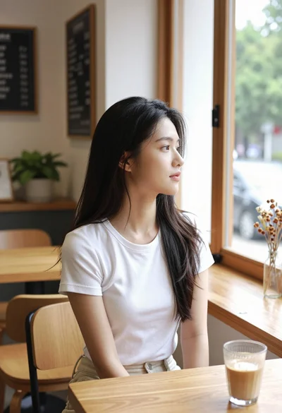 Young east asian woman in white t shirt looking out cafe window