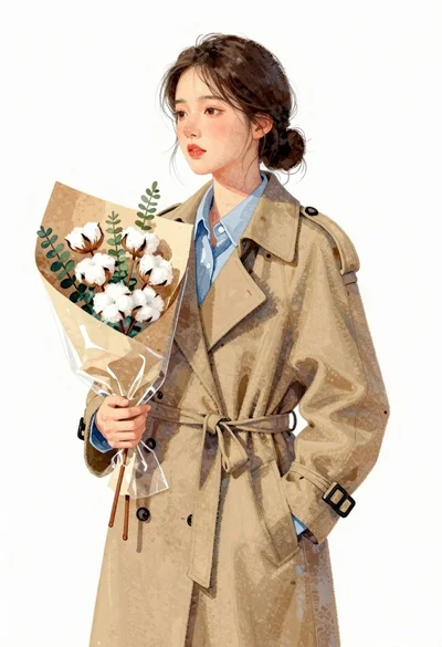 Young east asian woman in camel trench coat holding cotton flowers
