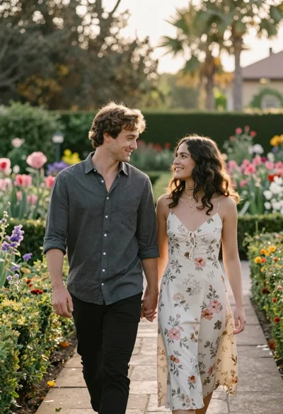Romantic couple walking hand in hand through lush garden at golden hour