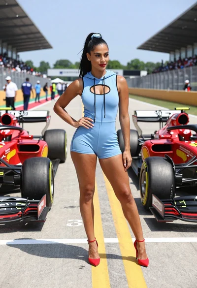 Confident woman in blue bodysuit between two formula one race cars