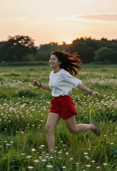 Young woman running joyfully through a grassy meadow at golden hour sunset