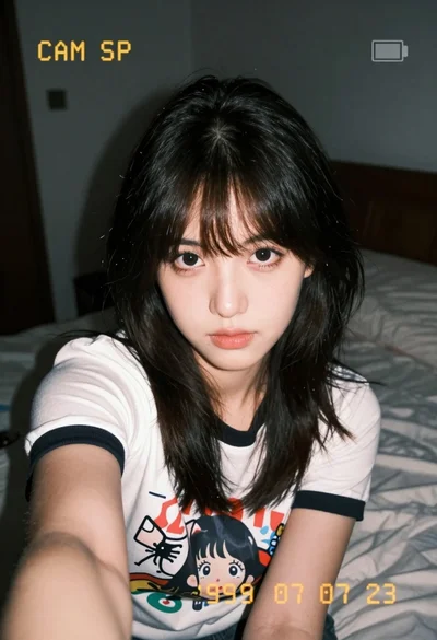 Close up selfie of young woman with dark hair in white graphic