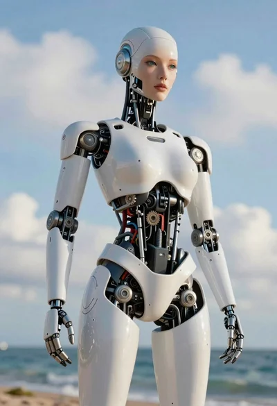 Low angle portrait of white android by turquoise ocean