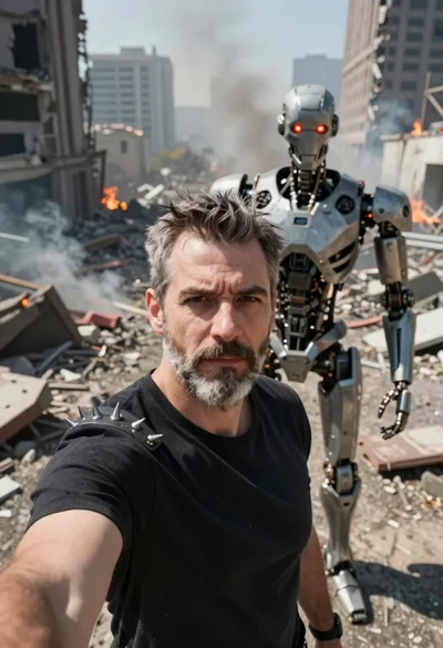Man taking selfie with robot in postapocalyptic city