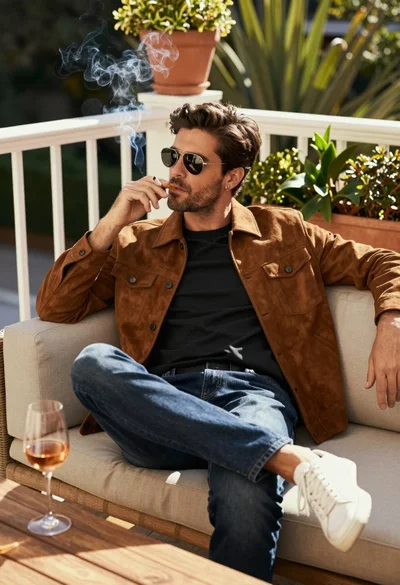 Handsome man lounging on outdoor balcony sofa with wine and cigarette