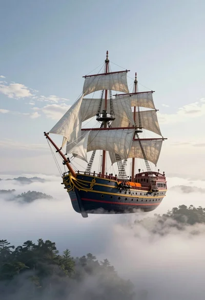 Majestic pirate ship suspended in the sky above misty landscape