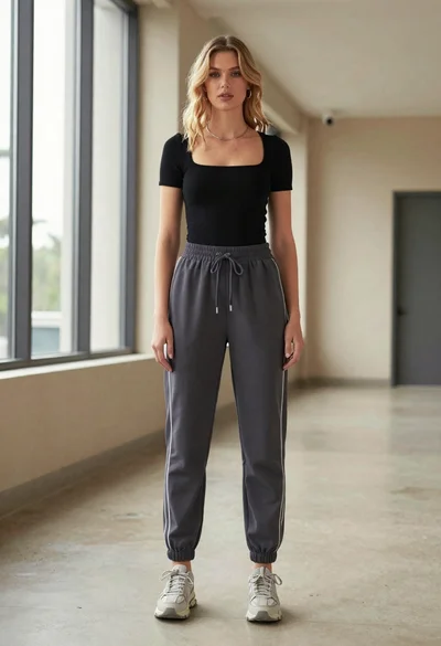 Blonde woman in jogger pants standing in modern hallway