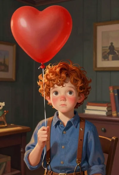 Young boy with red hair holding heart balloon indoors