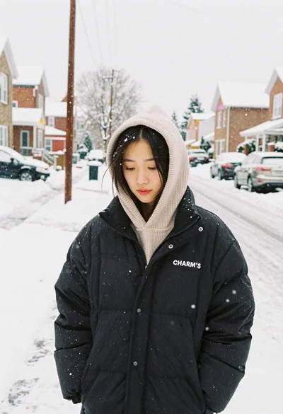 Young east asian woman in black puffer jacket standing on a snow