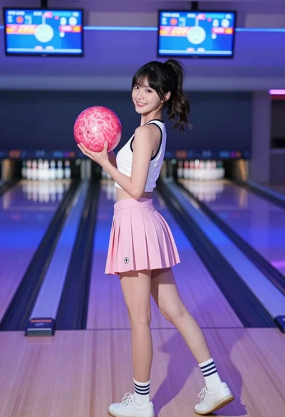 Young east asian woman smiling in bowling alley holding pink ball