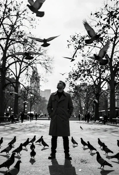 Silhouette of man in park surrounded by pigeons