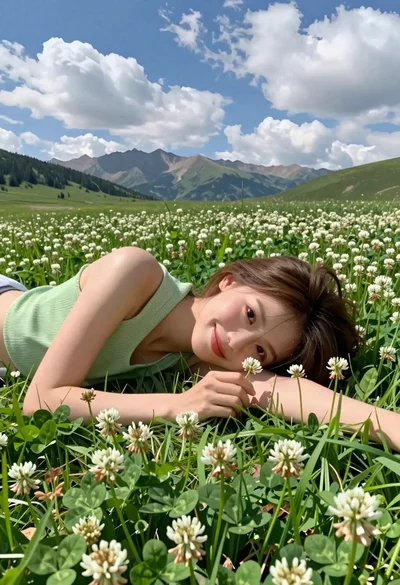 Young woman with brown hair lying in meadow of white flowers