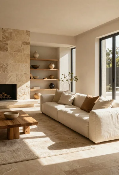 Sunlit minimalist living room with earth tones and stone