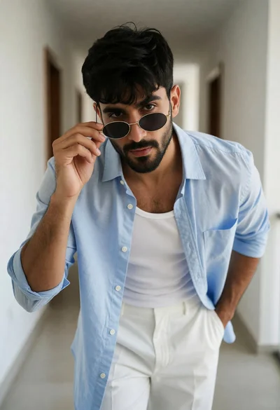 Stylish young man in light blue shirt holding sunglasses in modern hallway