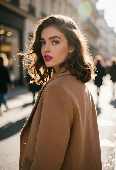 Young woman in camel coat looking back over shoulder on sunlit city