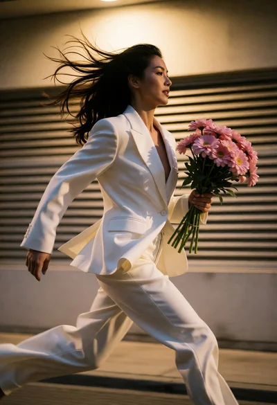 Woman running forward in white suit holding pink bouquet against striped architecture