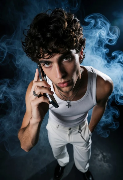 Young man with dark curly hair talking on phone in smoky studio