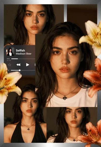 Young woman with dark hair in white tshirt framed by golden lilies