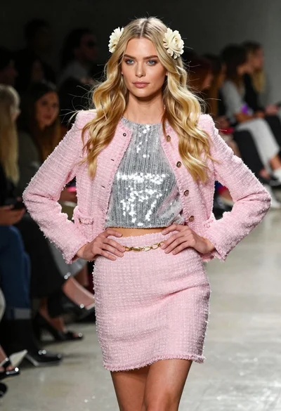 Blonde woman walking fashion runway in pink tweed ensemble
