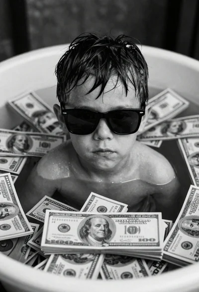 Close up portrait of young boy submerged in hundred dollar bills