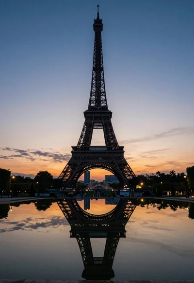 Eiffel tower silhouette reflected in water at twilight against blue orange sky