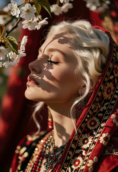 Close up profile portrait of woman with blonde hair and red headscarf