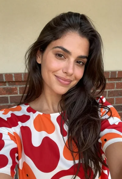 Close up selfie of woman with dark hair smiling against beige brick