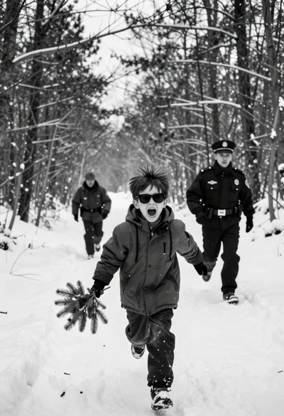 Low angle wide shot of boy running through snowy forest