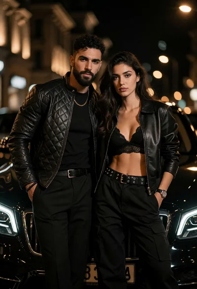 Stylish couple posing confidently near luxury black car on dark city street