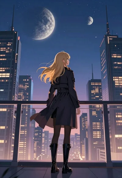 Anime woman viewing futuristic city skyline at twilight