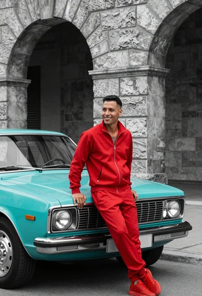 Man in red tracksuit leaning on vintage turquoise car before arched stone
