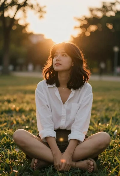 Young woman in white shirt sitting on grass with halo effect at